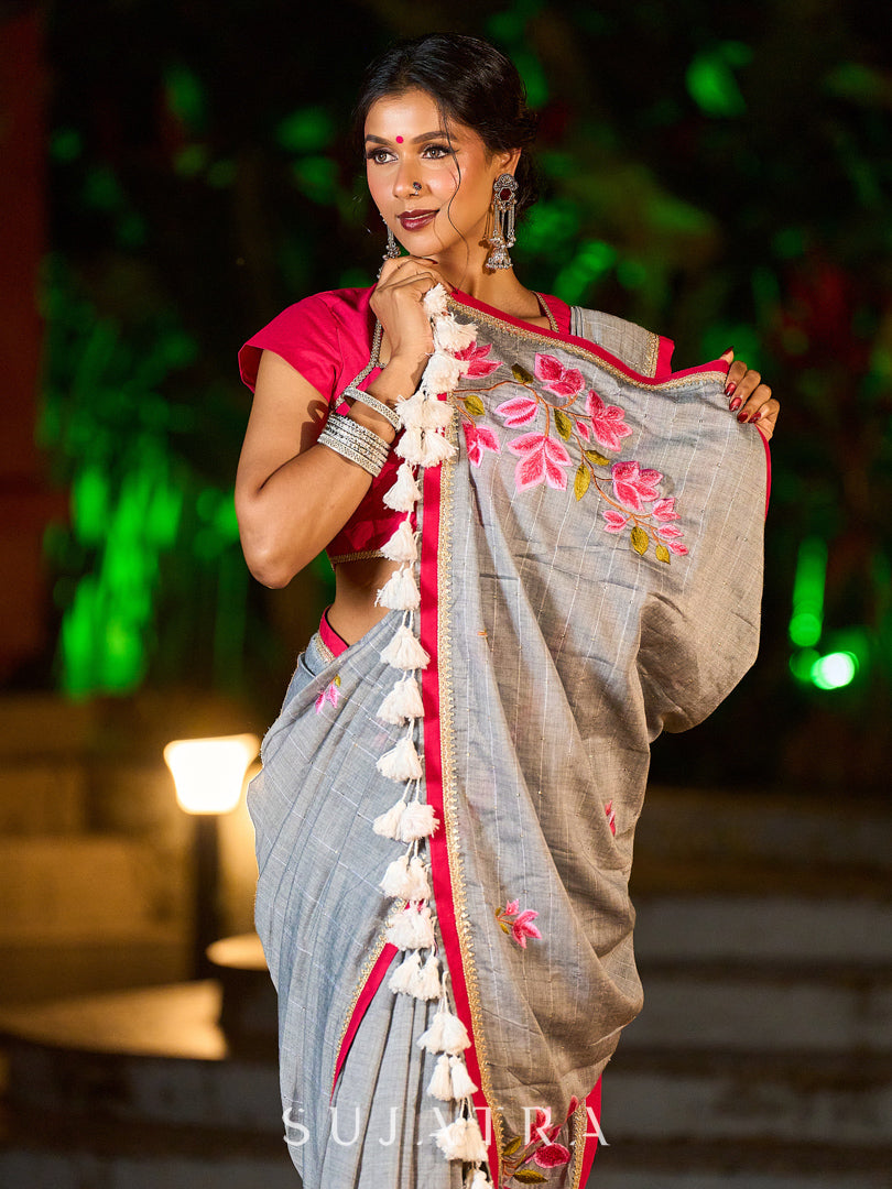 Delicate Grey Saree with Sequin Detailing  & Pink Floral Embroidery & Pink Border with Lace Accent
