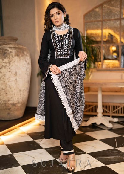 Hand Embroidered Black Rayon A Line Kurta