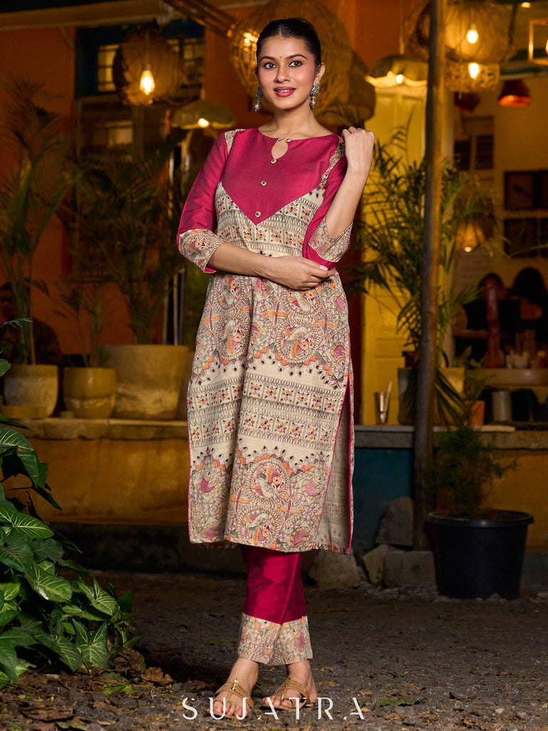 Stunning Madhubani kurta with bold pink stripe detailing
