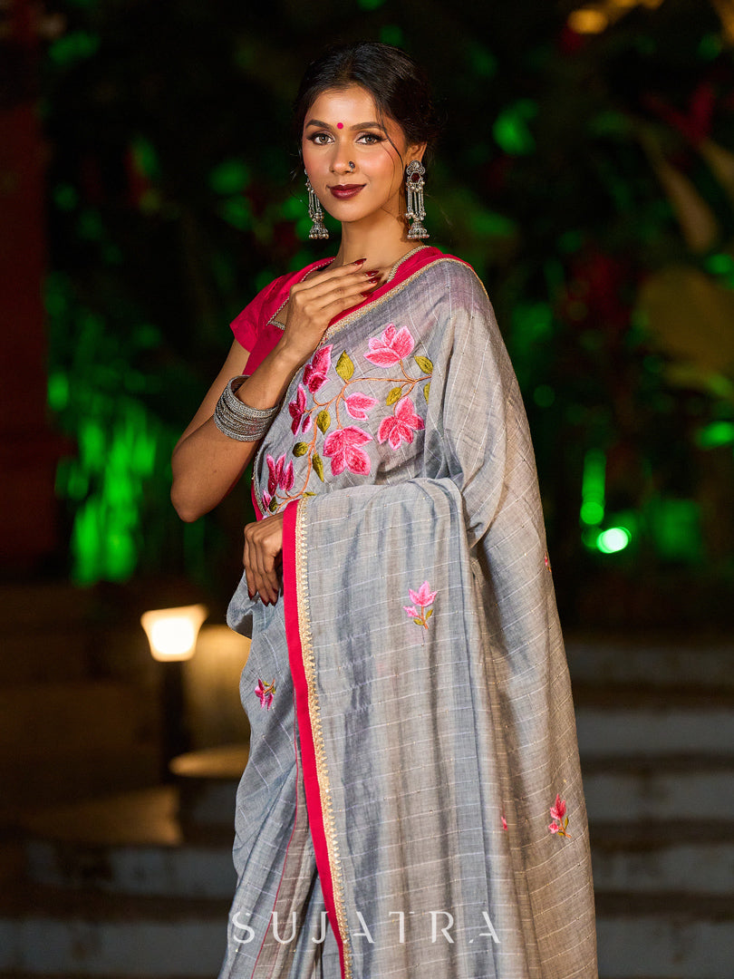 Delicate Grey Saree with Sequin Detailing  & Pink Floral Embroidery & Pink Border with Lace Accent