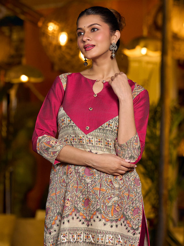 Stunning Madhubani kurta with bold pink stripe detailing