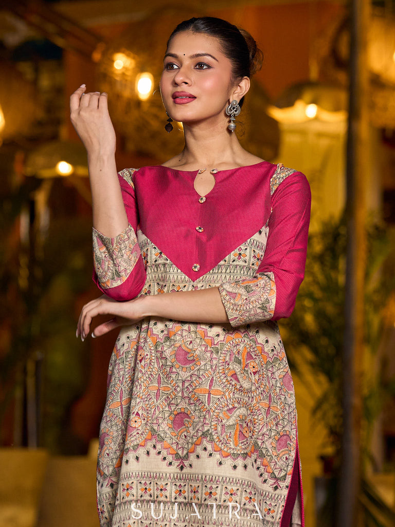 Stunning Madhubani kurta with bold pink stripe detailing