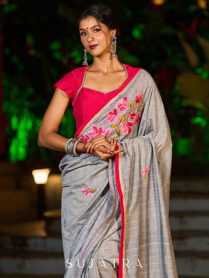 Delicate Grey Saree with Sequin Detailing  & Pink Floral Embroidery & Pink Border with Lace Accent
