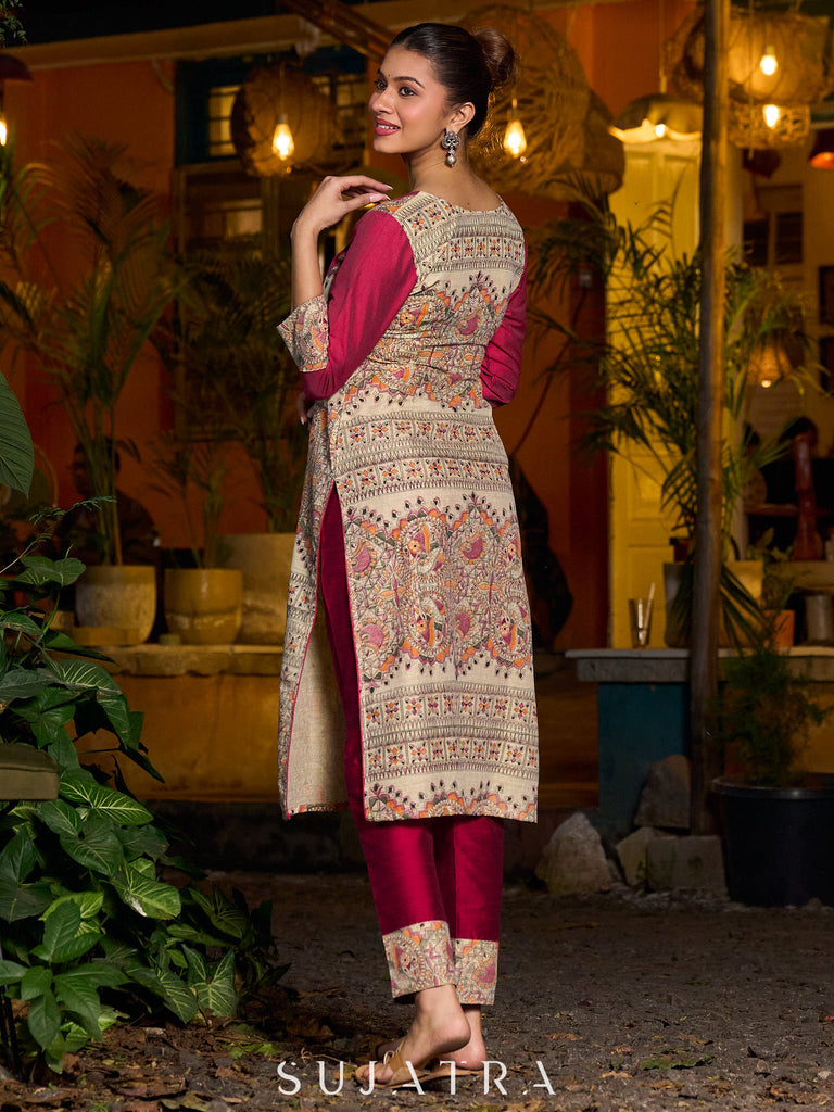 Stunning Madhubani kurta with bold pink stripe detailing