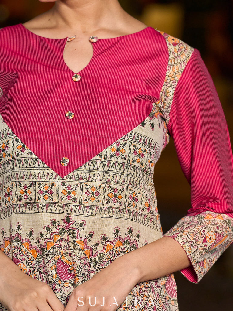 Stunning Madhubani kurta with bold pink stripe detailing