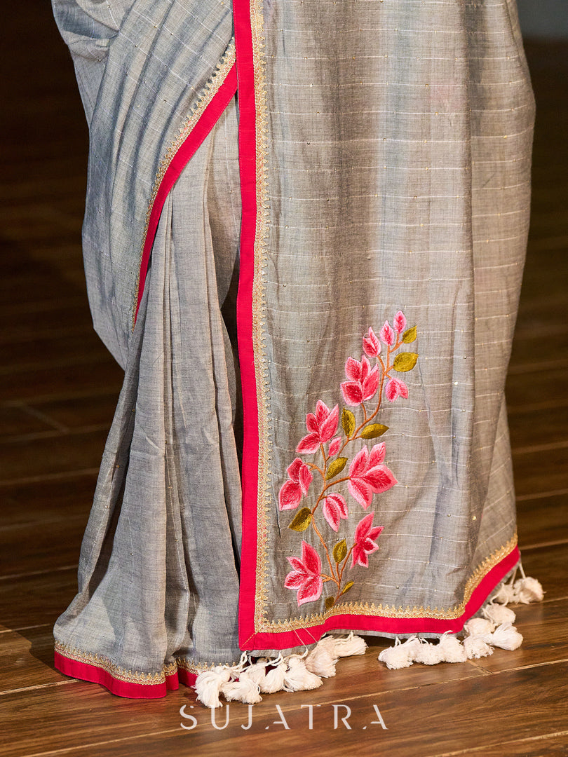 Delicate Grey Saree with Sequin Detailing  & Pink Floral Embroidery & Pink Border with Lace Accent - Blouse Optional