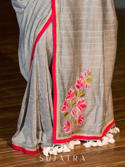 Delicate Grey Saree with Sequin Detailing  & Pink Floral Embroidery & Pink Border with Lace Accent