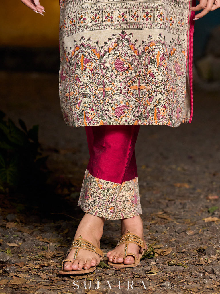 Stunning Madhubani kurta with bold pink stripe detailing