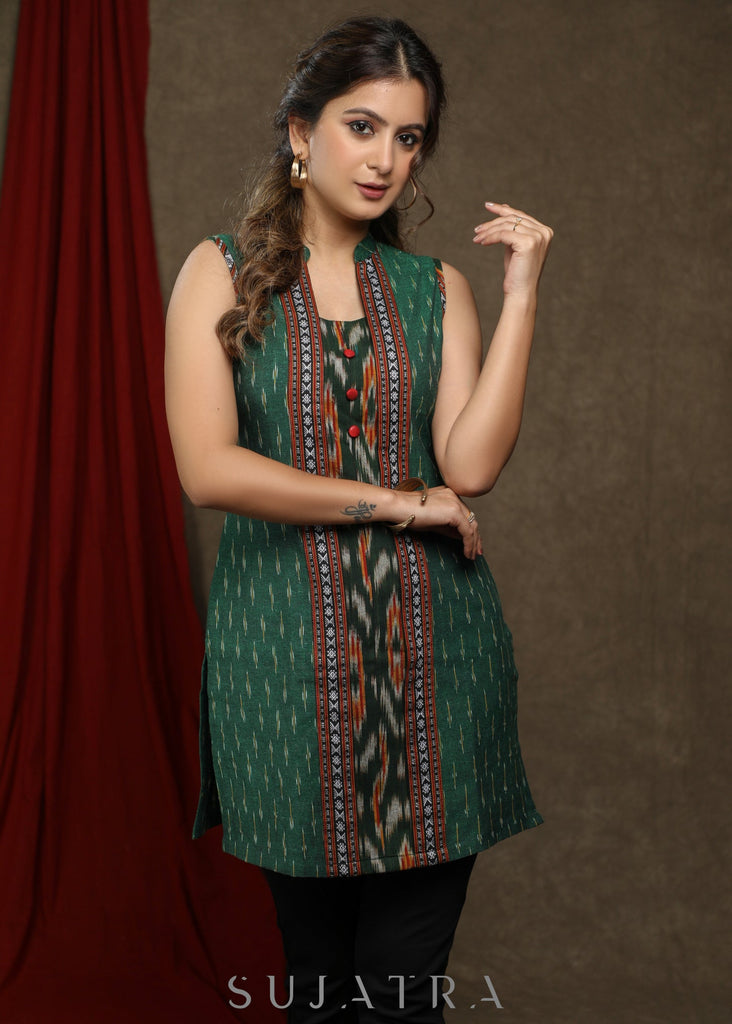 Classy bottle green ikat combination tunic