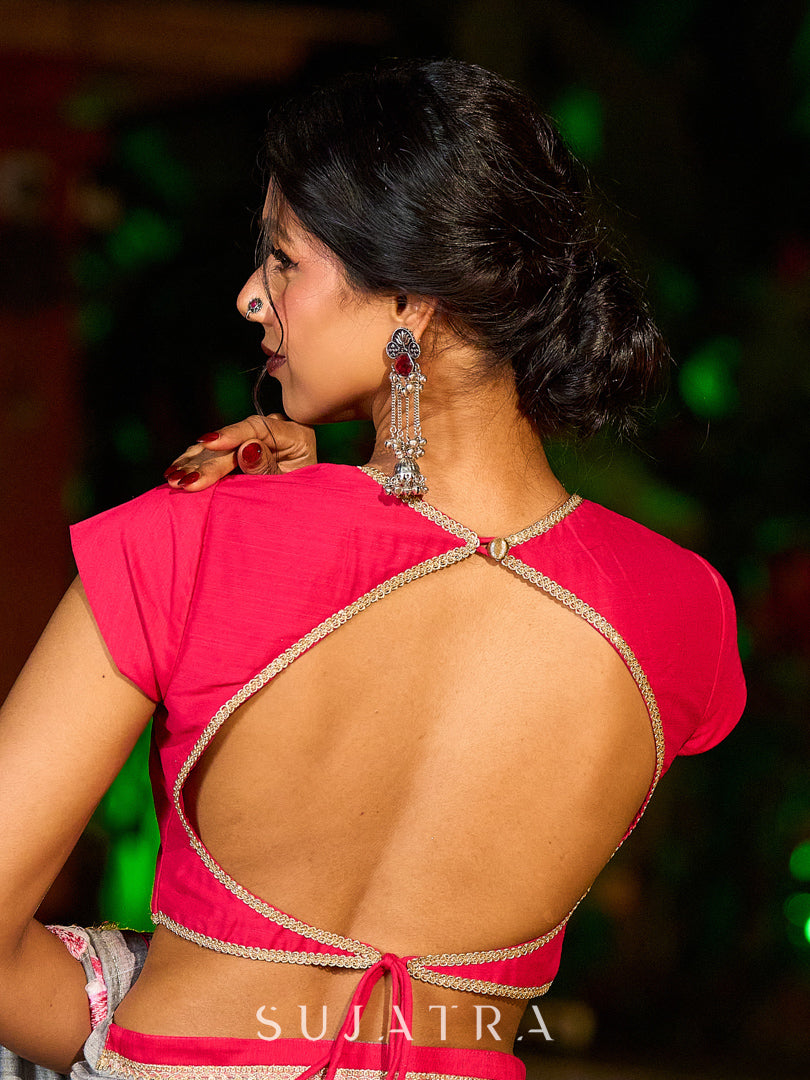 Delicate Grey Saree with Sequin Detailing  & Pink Floral Embroidery & Pink Border with Lace Accent