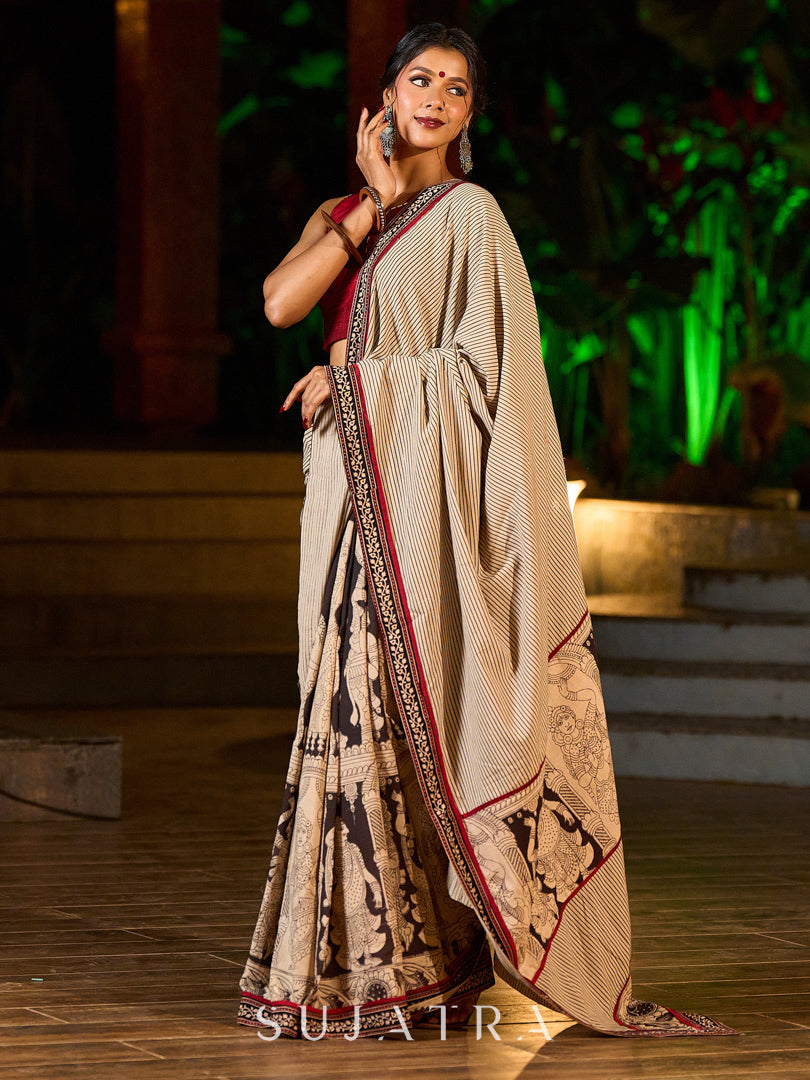 Striking Beige Kalamkari Print Saree with Striped Border & Mythological Motifs and Ajrakh Border Trim