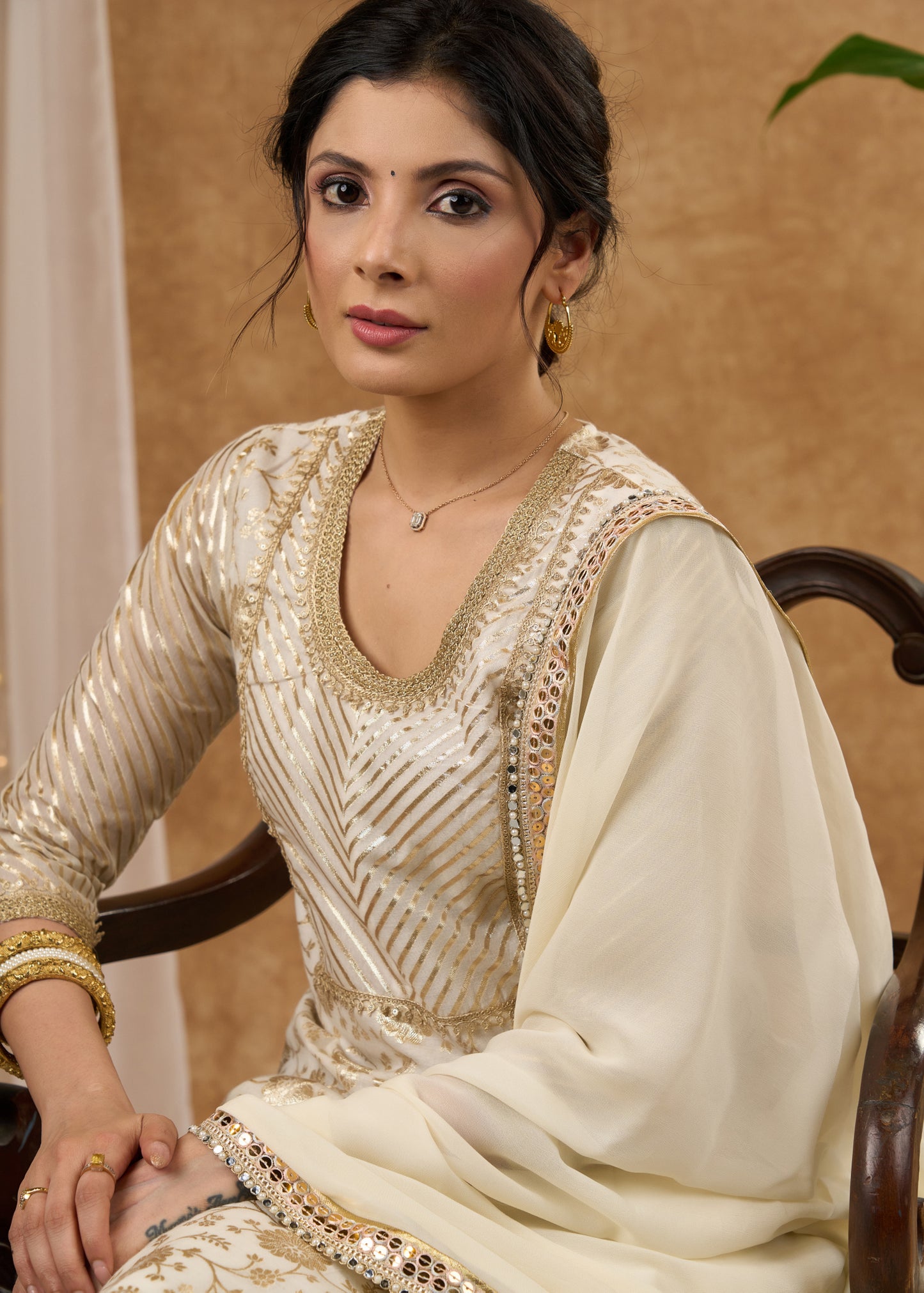 Classy white brocade lace kurti, perfect for celebrations with brocade palazzo -  Dupatta optional