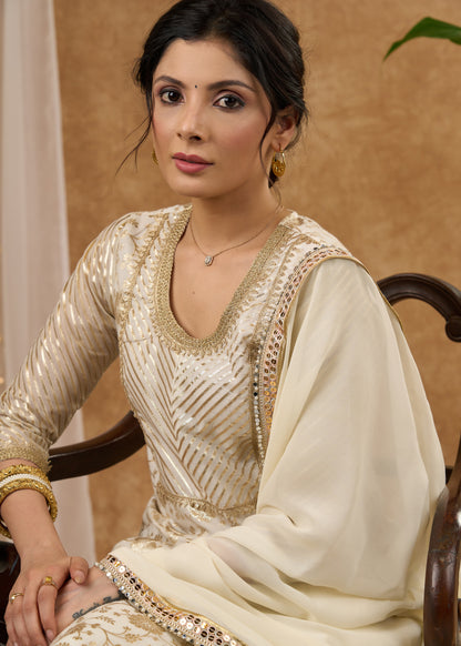 Classy white brocade lace kurti, perfect for celebrations with brocade palazzo -  Dupatta optional