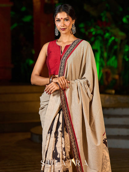 Striking Beige Kalamkari Print Saree with Striped Border & Mythological Motifs and Ajrakh Border Trim
