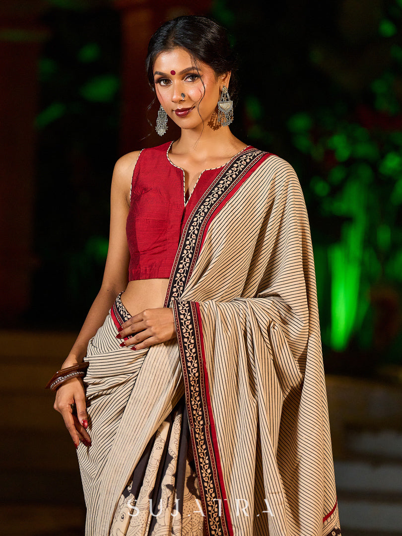 Striking Beige Kalamkari Print Saree with Striped Border & Mythological Motifs and Ajrakh Border Trim