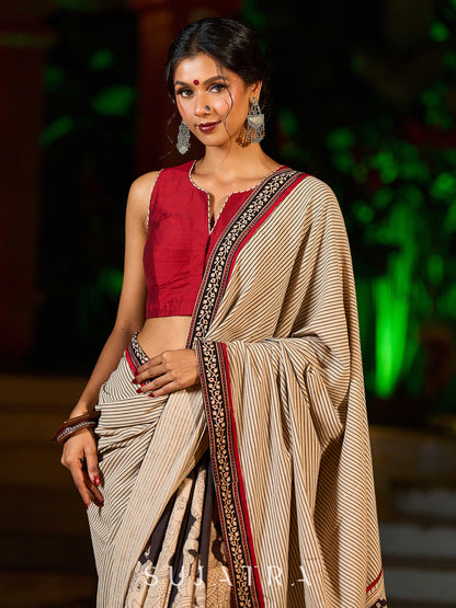 Striking Beige Kalamkari Print Saree with Striped Border & Mythological Motifs and Ajrakh Border Trim