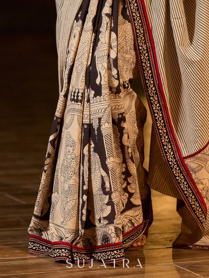 Striking Beige Kalamkari Print Saree with Striped Border & Mythological Motifs and Ajrakh Border Trim