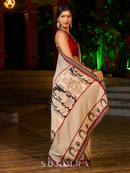 Striking Beige Kalamkari Print Saree with Striped Border & Mythological Motifs and Ajrakh Border Trim