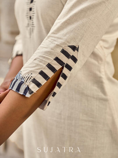 Refined Ivory Straight Kurta with Minimal Geometric Printed Neckline Highlighted with Hand Painting