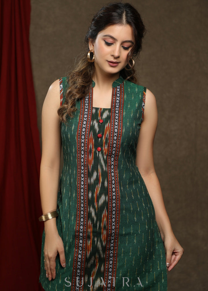 Classy bottle green ikat combination tunic