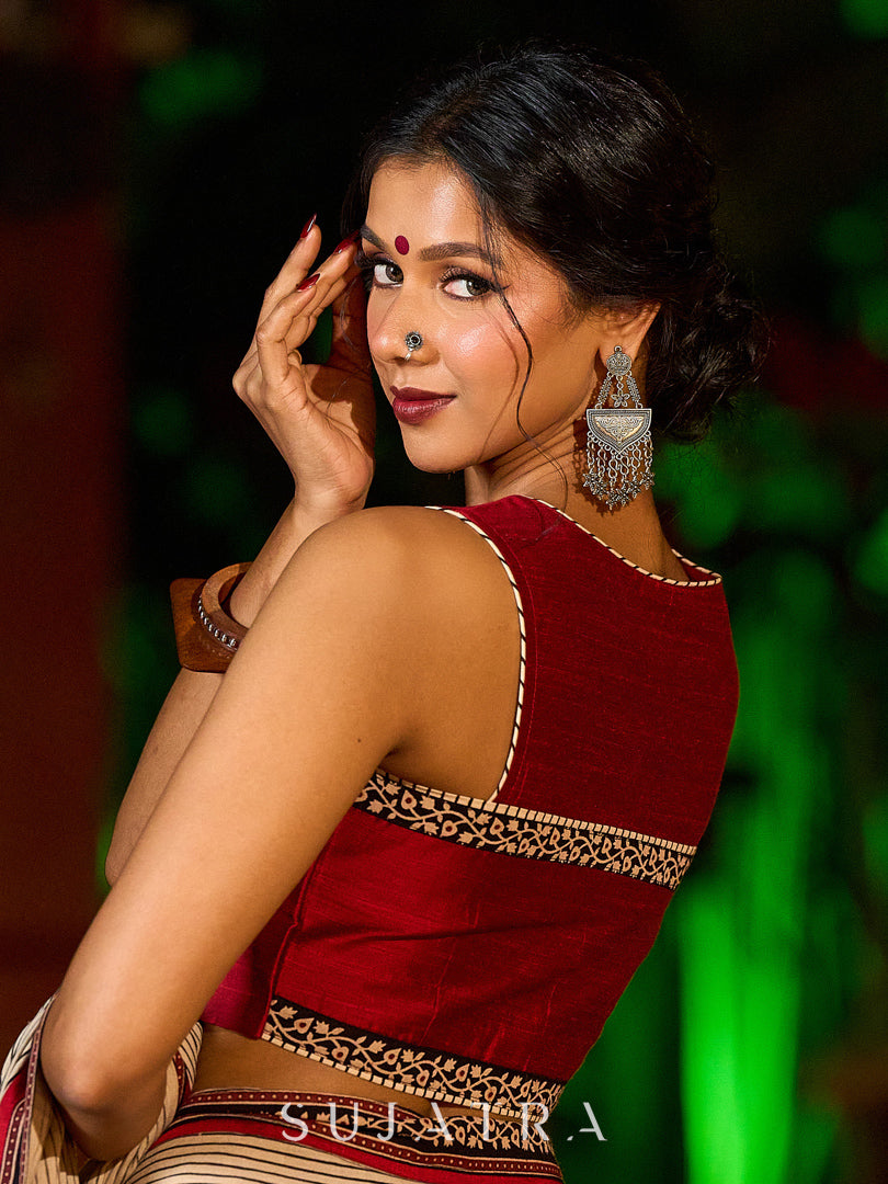 Striking Beige Kalamkari Print Saree with Striped Border & Mythological Motifs and Ajrakh Border Trim
