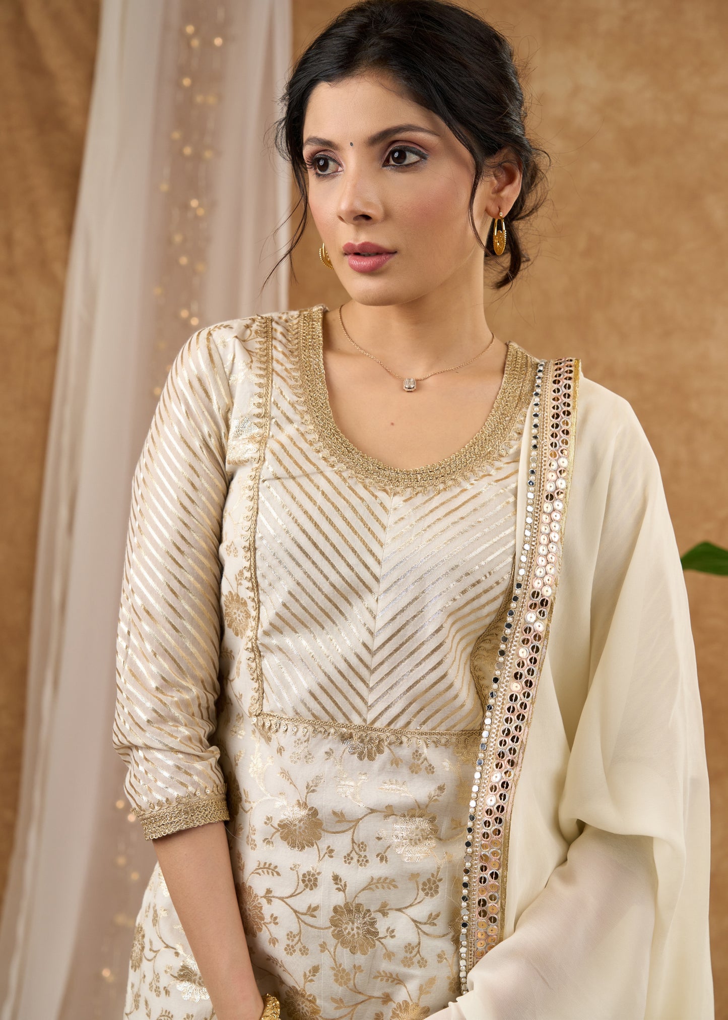 Classy white brocade lace kurti, perfect for celebrations with brocade palazzo -  Dupatta optional