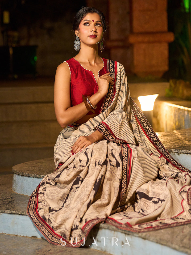 Striking Beige Kalamkari Print Saree with Striped Border & Mythological Motifs and Ajrakh Border Trim