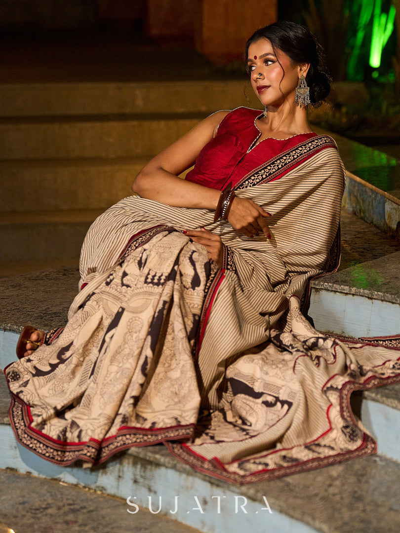 Striking Beige Kalamkari Print Saree with Striped Border & Mythological Motifs and Ajrakh Border Trim