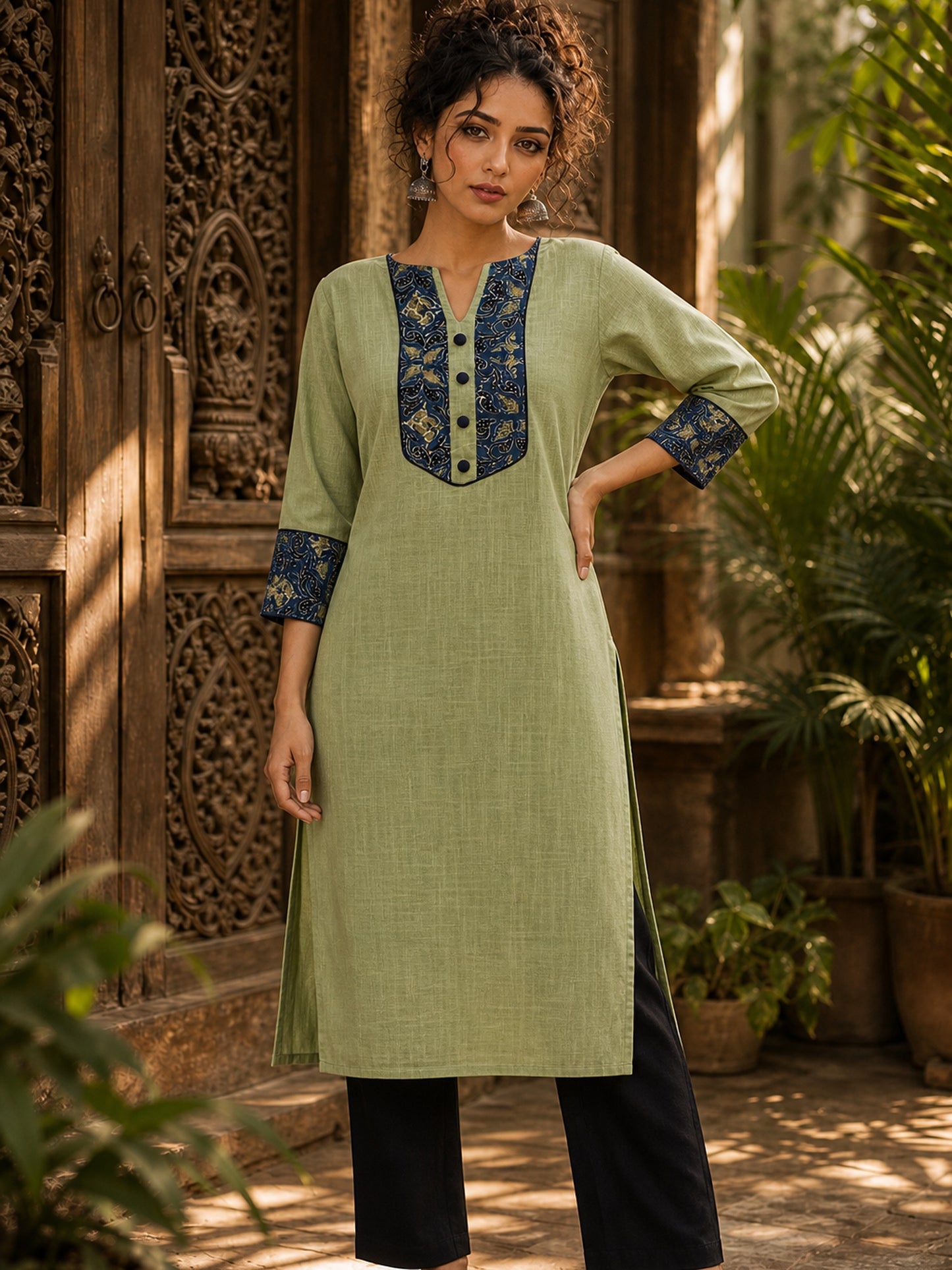 Sage Green Cotton Kurta with Ajrakh Yoke Panel & Matching Cuff Band