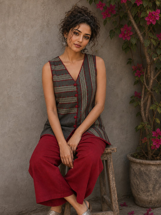 Distinctive Grey and maroon hand block print top featuring bold striped motifs, an asymmetric overlap silhouette, and artisanal detailing, bringing contemporary charm to effortless everyday dressing.