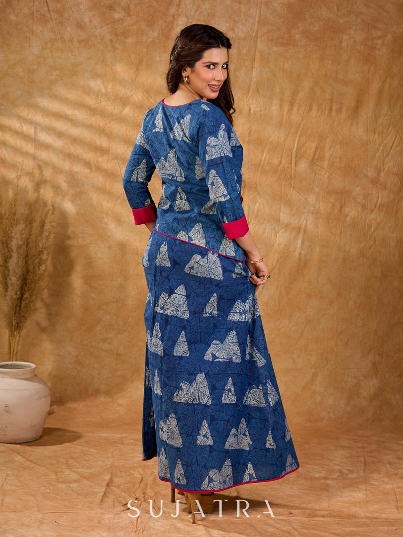 Deep indigo A-line skirt with vibrant magenta accents, offering a flattering, fluid silhouette with clean structure and a refined, versatile look for effortless everyday styling.