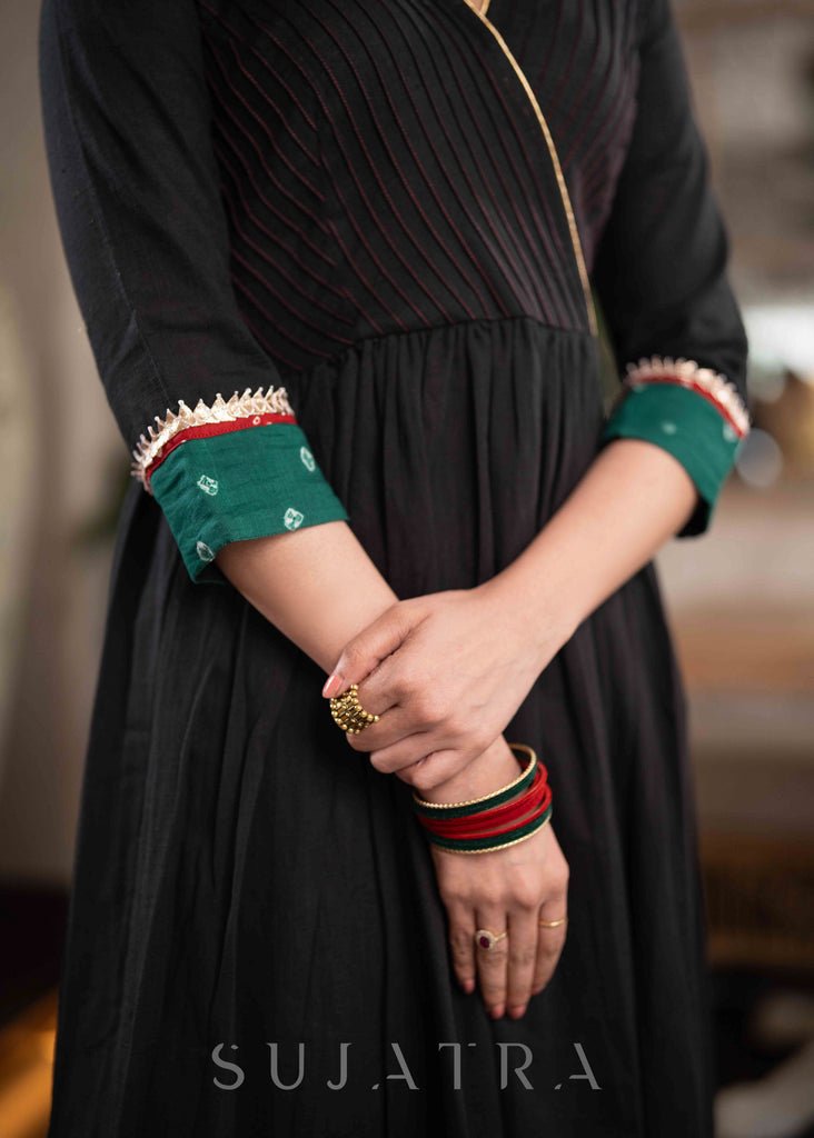 Stylish Black Cotton Pant & A Line Kurta With Pin tucks & Bandhani Detailing - Dupatta Optional