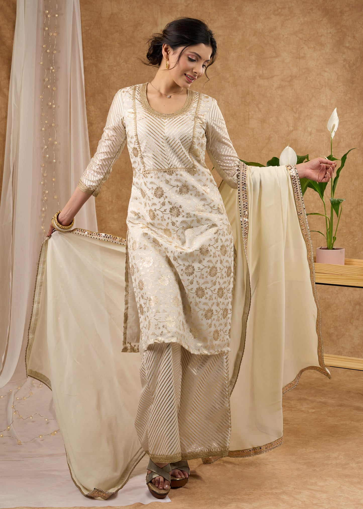 Classy white brocade lace kurti, perfect for celebrations with brocade palazzo -  Dupatta optional