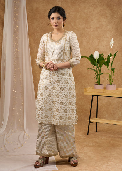 Classy white brocade lace kurti, perfect for celebrations with brocade palazzo -  Dupatta optional