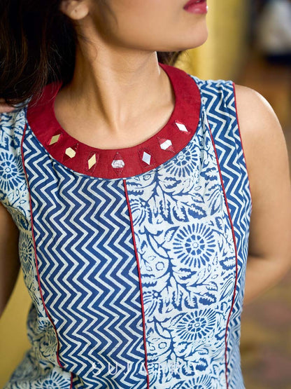 Indigo Alternating Kali Kurta with Floral & Zigzag Prints, Maroon Accents and Handcrafted Mirror Work