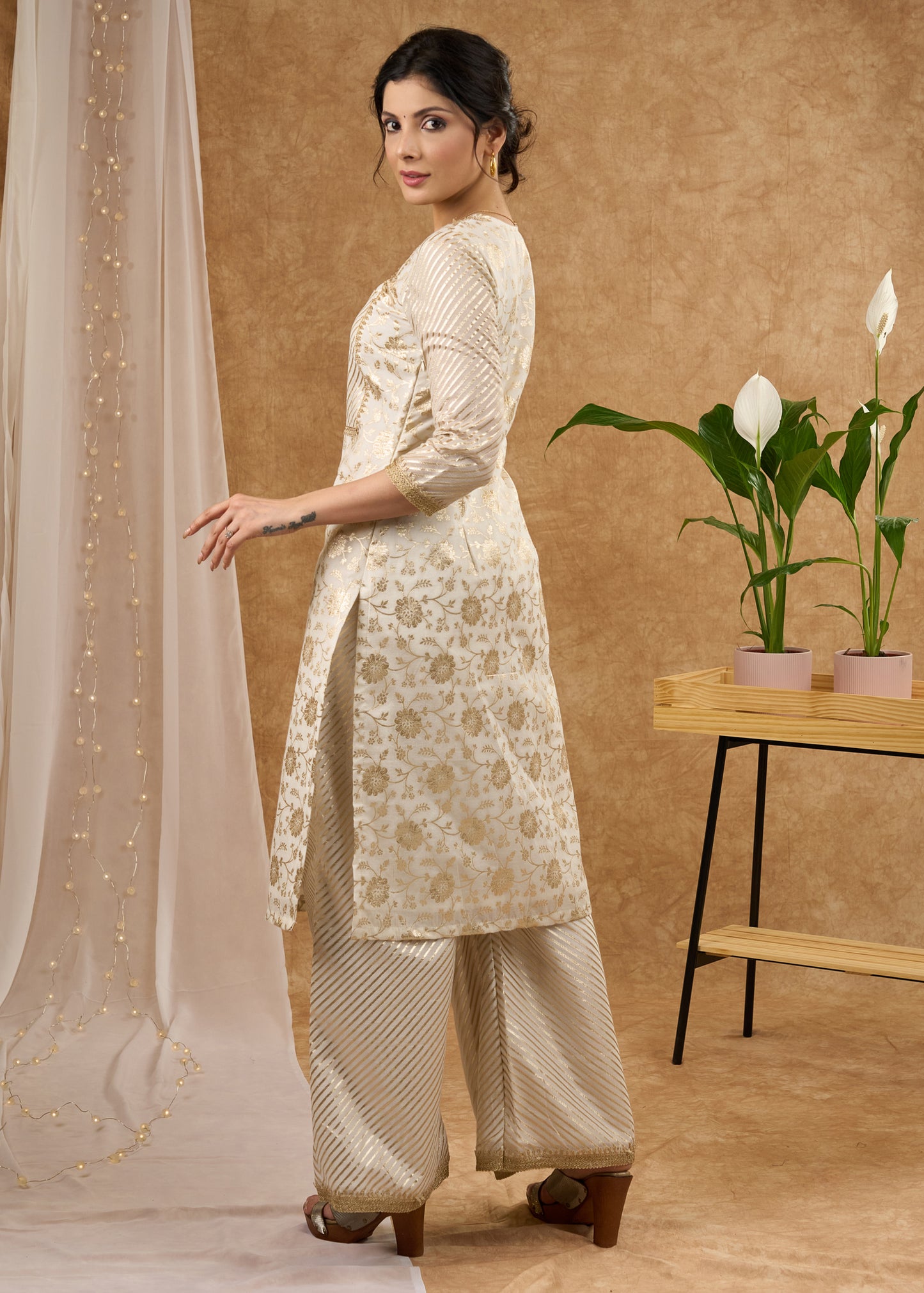 Classy white brocade lace kurti, perfect for celebrations with brocade palazzo -  Dupatta optional