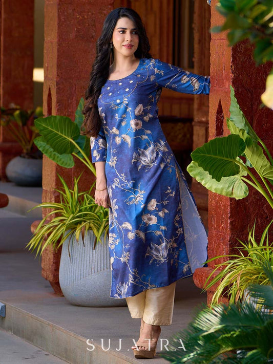 Statement royal blue printed kurta elevated with a sculpted scallop neck panel and shimmering sequins handwork