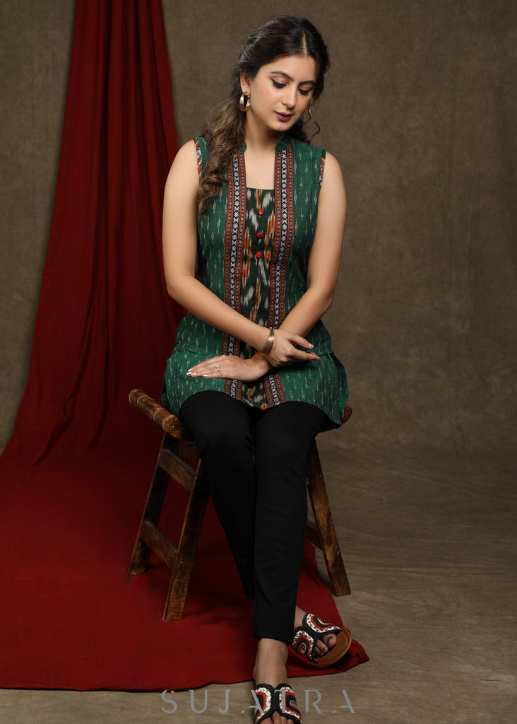 Classy bottle green ikat combination tunic