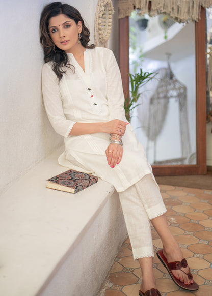 Trendy White Cotton Kurta with Painted Motif on Placket - Pant Optional
