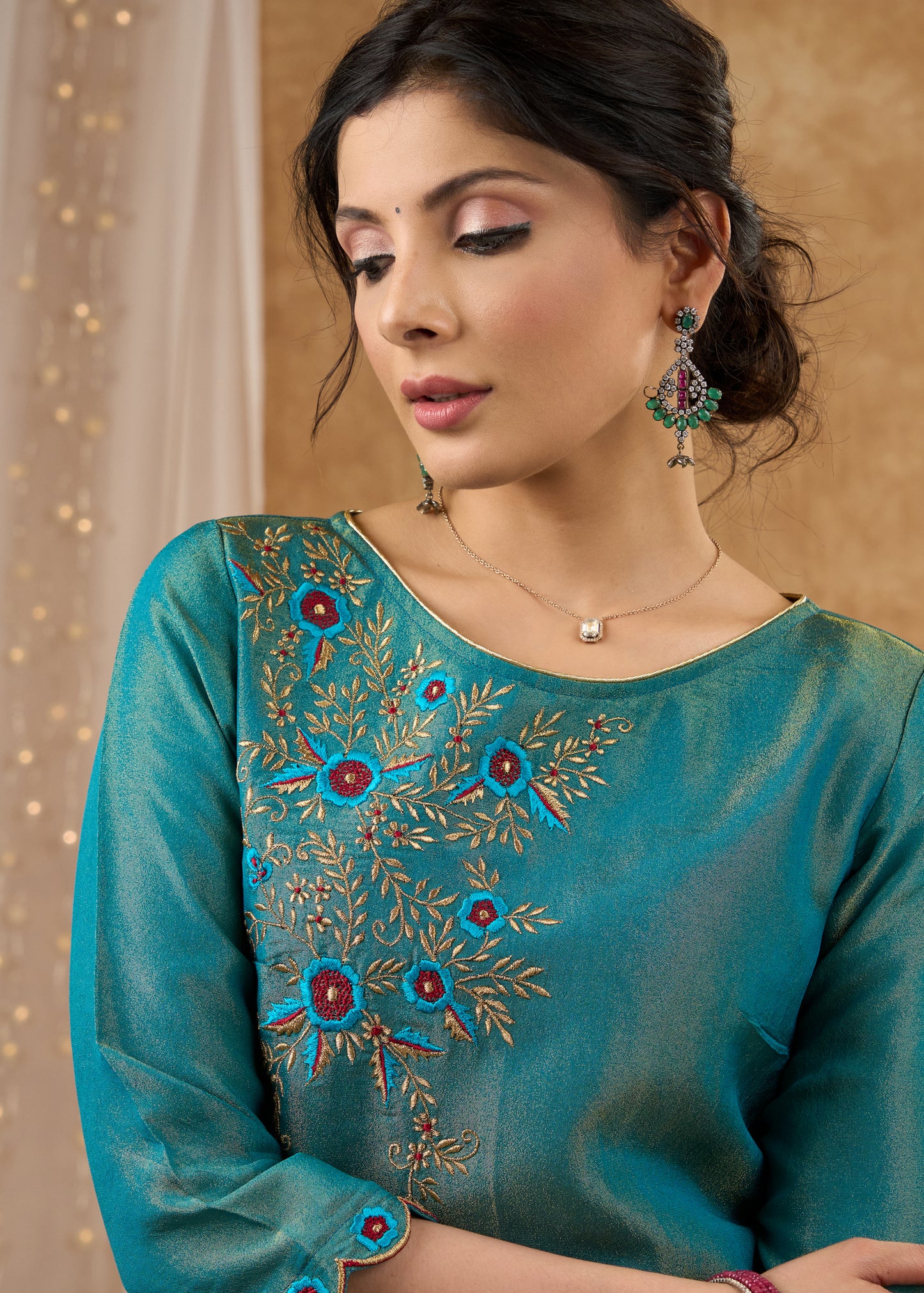 Luxurious teal tissue kurta with intricate embroidery Tissue pant optional