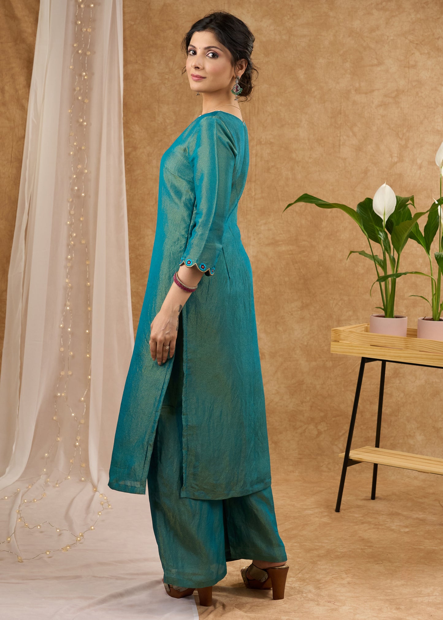 Luxurious teal tissue kurta with intricate embroidery Tissue pant optional