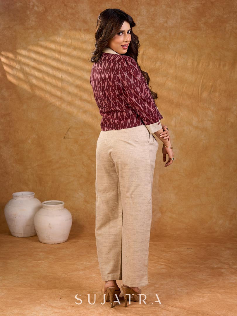 Classic cream handloom cotton pleated wide-leg pants with gentle structure, offering a balanced silhouette, natural texture, and an effortlessly polished everyday style.