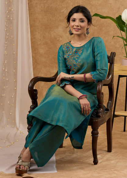 Luxurious teal tissue kurta with intricate embroidery Tissue pant optional