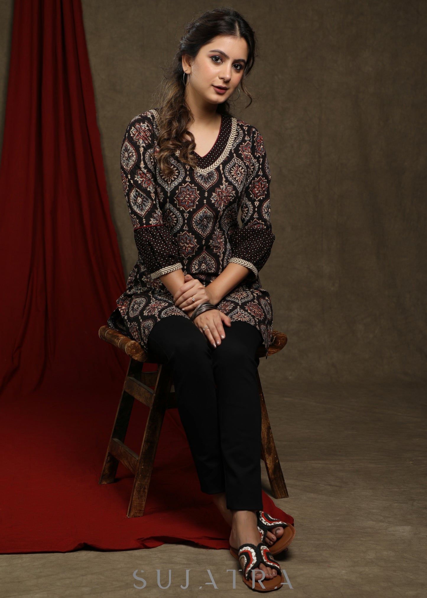 Elegant black cotton ajrakh tunic with beautiful combination on yoke and sleeves