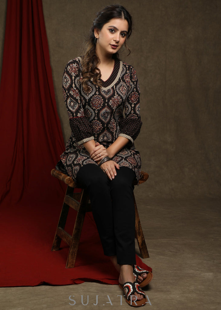 Elegant black cotton ajrakh tunic with beautiful combination on yoke and sleeves