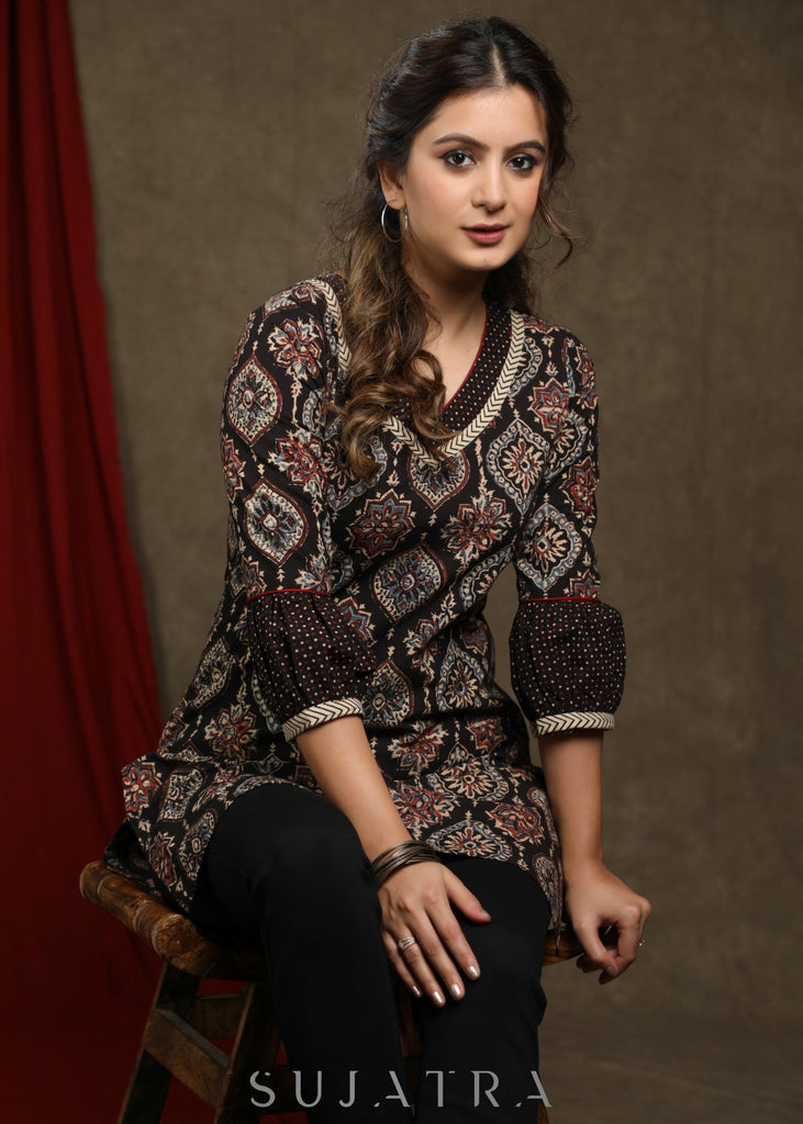 Elegant black cotton ajrakh tunic with beautiful combination on yoke and sleeves