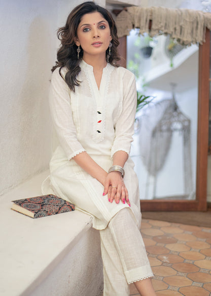 Trendy White Cotton Kurta with Painted Motif on Placket - Pant Optional