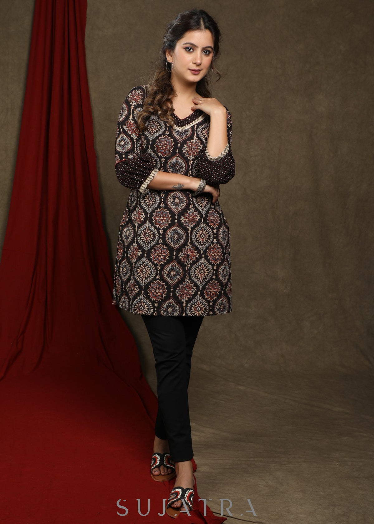 Dussehra Sale — Elegant black cotton ajrakh tunic with beautiful combination on yoke and sleeves