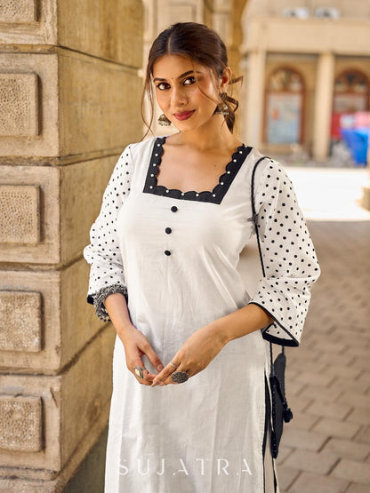 Effortless White Cotton Kurta Adorned with Polka Dot Sleeves & Delicate Scalloped Neckline