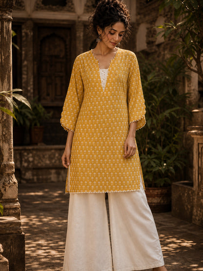 Radiant Mustard All-Over Booti Print Viscose Short Kurta with Pearl Studded Neckline & Hakoba Yoke